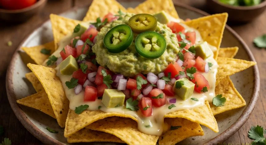 como mejorar el queso para nachos, Nachos con queso fundido dorado, pico de gallo, guacamole y jalapeños en plato de cerámica
