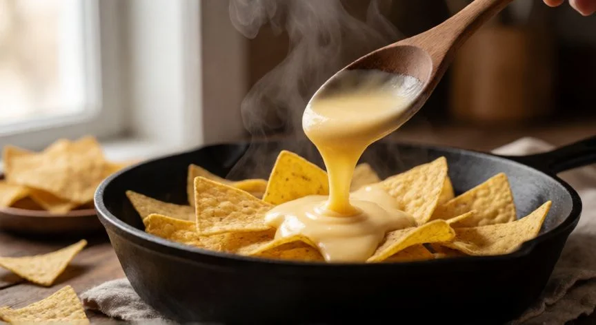 como mejorar el queso para nachos, Salsa de queso fundido tipo Oaxaca sirviéndose sobre nachos en sartén de hierro