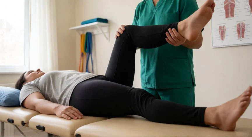 Paciente realizando ejercicio de elevación de pierna con apoyo del fisioterapeuta