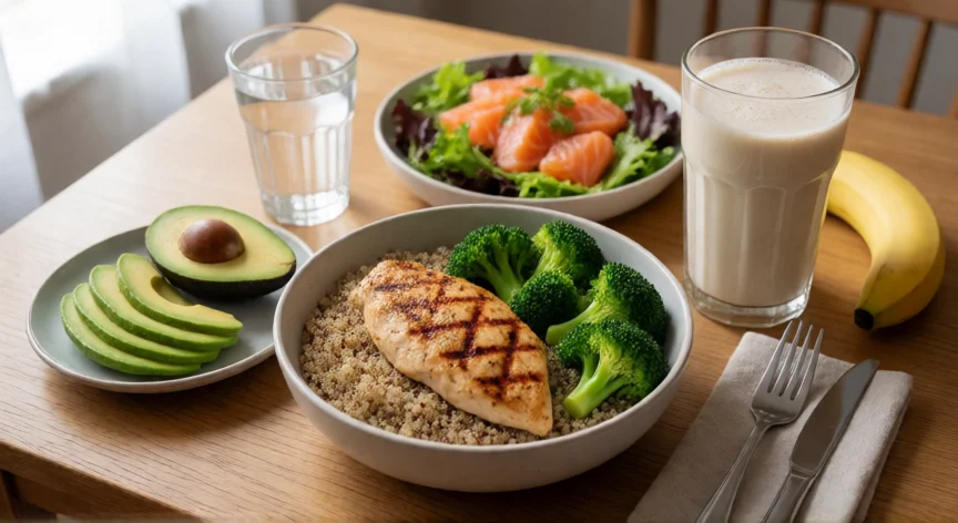 como mejorar el rendimiento físico del ser humano, Comida saludable equilibrada con proteína, carbohidratos y verduras sobre mesa de madera