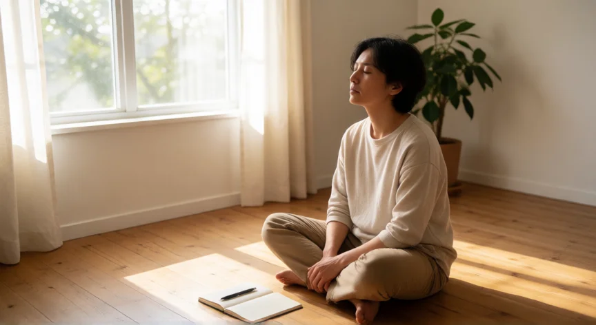 como mejorar el ser, Persona en meditación y autoobservación en una habitación luminosa con cuaderno al lado