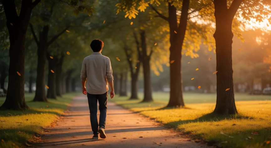 como mejorar el ser, Persona caminando sola por un sendero arbolado al atardecer, momento de reflexión