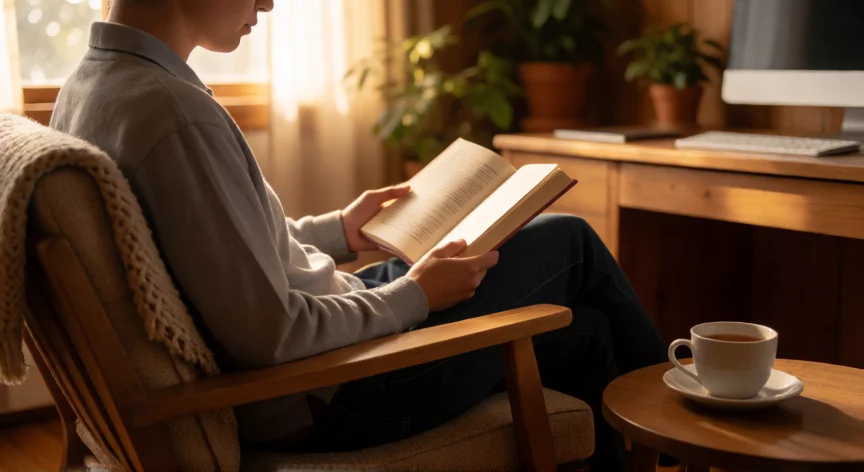 como mejorar el ser introvertido, Persona introvertida en su espacio de lectura reflexiva