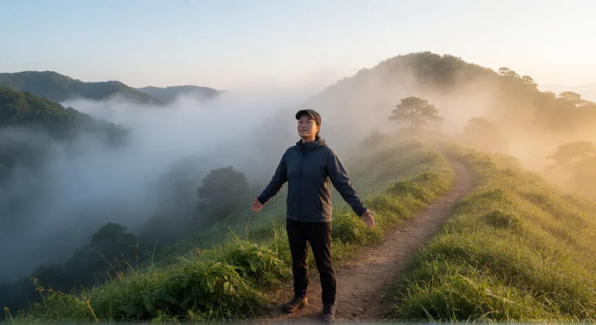 como mejorar el ser orgulloso, Persona de pie en una montaña al amanecer con expresión serena y orgullosa