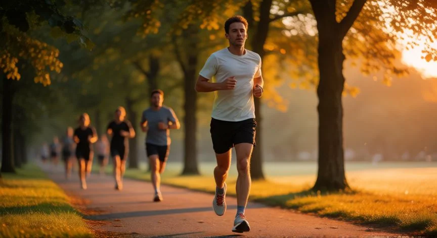 como mejorar en 10 km, Corredor en plena carrera por un parque al amanecer durante una sesión de series