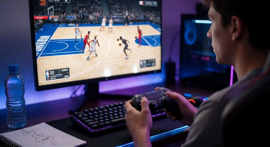 como mejorar en 2k25, Jugador practicando controles de NBA 2K25 en su setup gaming nocturno