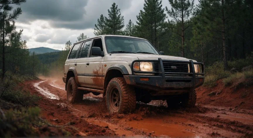 Todoterreno 4x4 avanzando por un camino de barro profundo en el bosque