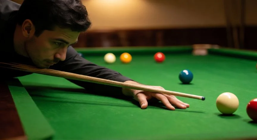 como mejorar en 8 ball pool, Jugador de 8 ball pool ejecutando un tiro con técnica correcta de bridge y taco