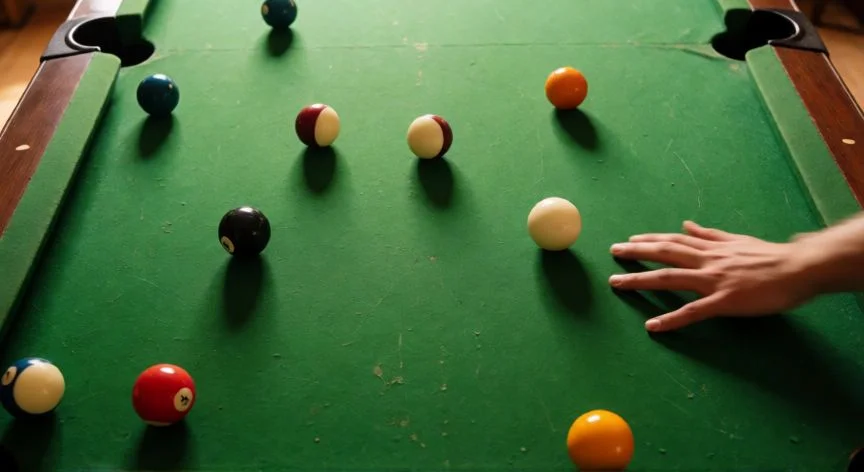 como mejorar en 8 ball pool, Vista cenital de mesa de billar planificando estrategia de posicionamiento en 8 ball