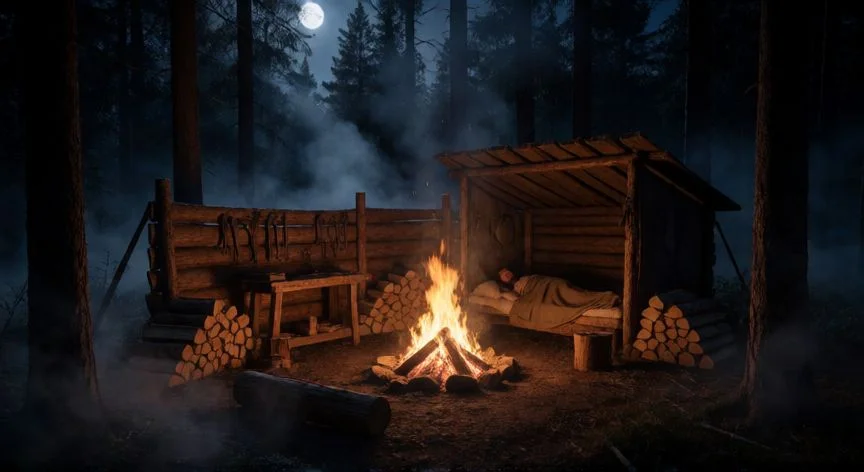 como mejorar en 99 noches en el bosque, Campamento de supervivencia en el bosque con fogata encendida y refugio de madera