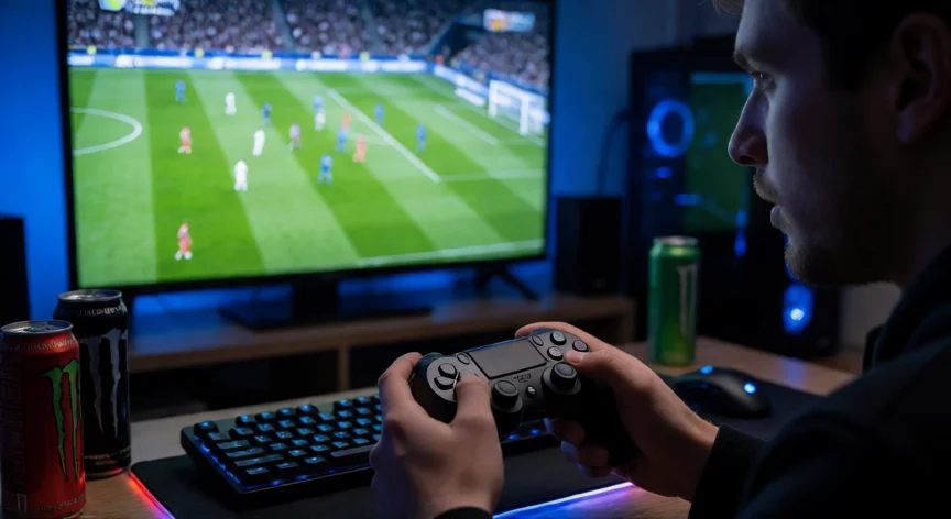 como mejorar en ser una leyenda pes 2013, Jugador concentrado jugando PES 2013 con mando de PlayStation en su habitación
