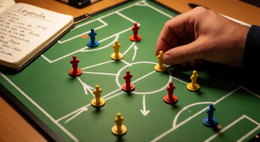 como mejorar en ser una leyenda pes 2013, Pizarra táctica con formación 4-3-3 y fichas de jugadores en un despacho de entrenador