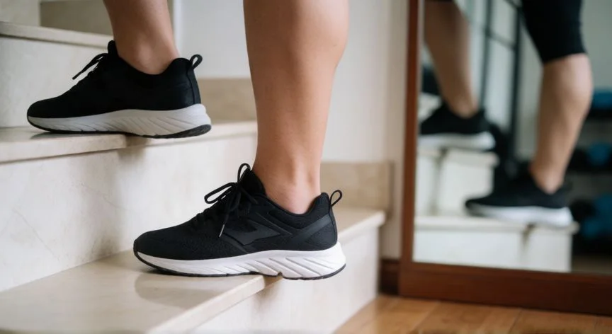 como mejorar fascitis plantar, Ejercicio excéntrico en escalón para fortalecer la fascia plantar y gemelos