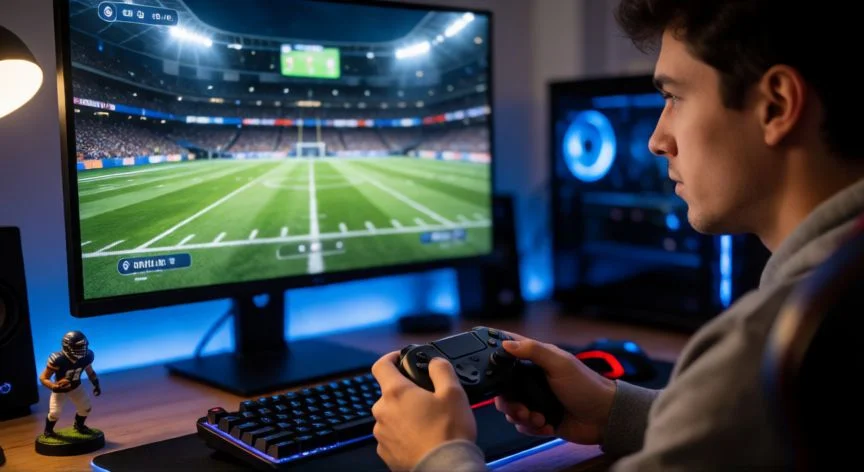 como mejorar fc 26, Jugador de EA Sports FC 26 concentrado en su partida con mando en escritorio