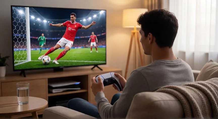 como mejorar fifa 25, Jugador de consola jugando FIFA 25 en su salón con PS5