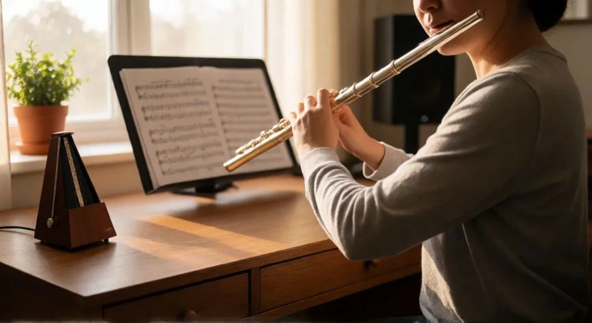como mejorar flauta 99 noches, Persona practicando flauta transversal en un estudio casero con metrónomo y partitura