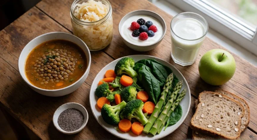 como mejorar flora intestinal, Mesa con alimentos ricos en fibra y probióticos para mejorar la flora intestinal
