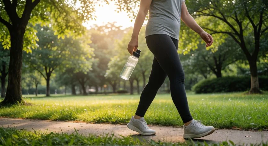 como mejorar flora intestinal, Persona caminando en un parque, ejercicio para la salud intestinal