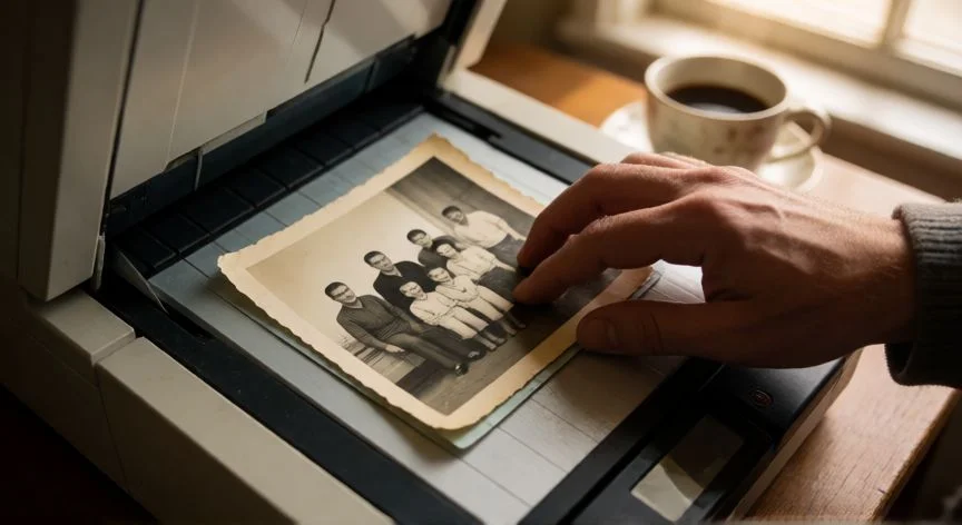 Manos escaneando una foto antigua en blanco y negro sobre un escáner de sobremesa