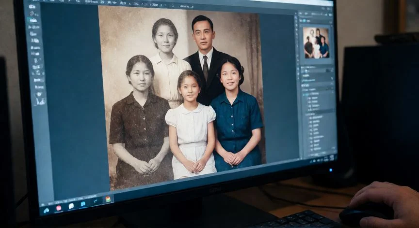 como mejorar fotos antiguas, Pantalla de ordenador mostrando la restauración digital de un retrato familiar antiguo