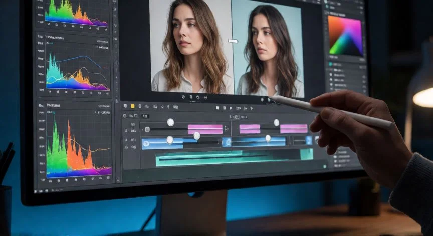 como mejorar fotos con gemini, Pantalla de software de edición fotográfica con ajustes HSL y comparación antes-después