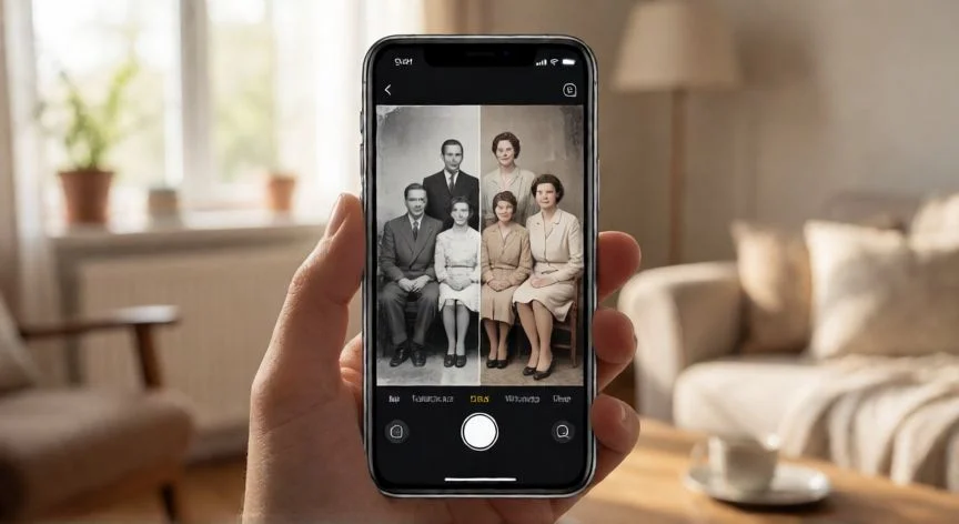 como mejorar fotos con ia, Móvil mostrando la restauración de una foto antigua con IA, antes y después