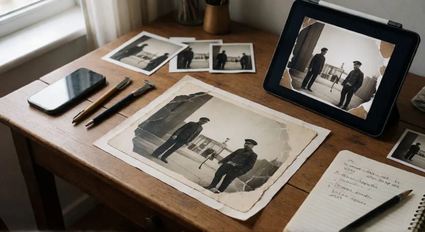 como mejorar fotos con ia gratis, Mesa de trabajo con foto antigua restaurada por IA