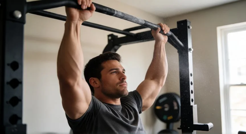 como mejorar fuerza de agarre, Hombre realizando dead hang en barra de dominadas trabajando fuerza de agarre
