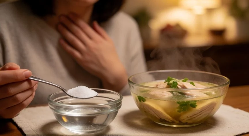 como mejorar garganta irritada, Cubeta con agua y sal junto a una sopa tibia en la mesa del comedor