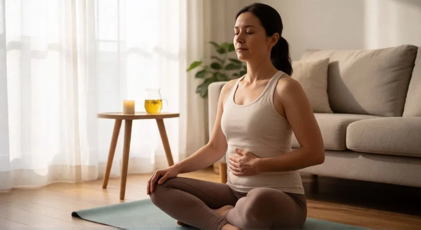como mejorar gastritis cronica, Mujer practicando respiración diafragmática para reducir el estrés y mejorar la gastritis