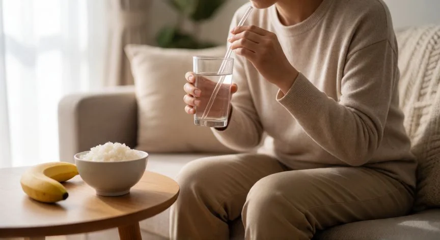 como mejorar gastroenteritis, Persona descansando en casa con vaso de agua y dieta blanda para gastroenteritis