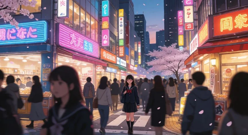 como mejorar gentileza persona 5 royal, Distrito de Shibuya al atardecer con luces de neón y peatones