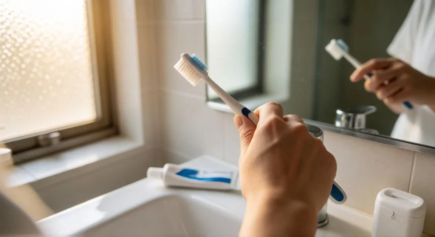 como mejorar gingivitis, Persona cepillándose los dientes con técnica de 45 grados en el baño, buena higiene bucal