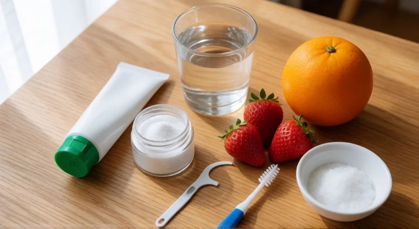 como mejorar gingivitis, Productos de higiene dental y remedios naturales para encías sanas sobre mesa de madera