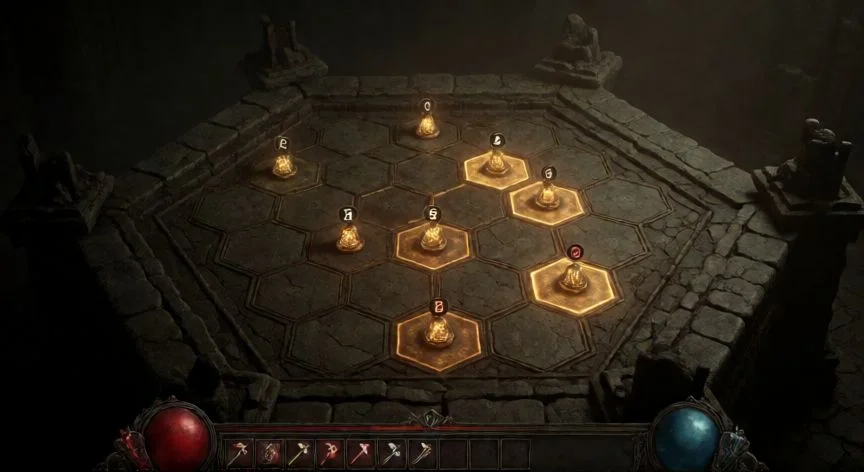 como mejorar glifos diablo 4, Tablero hexagonal de glifo en Diablo 4 con nodos brillantes dorados