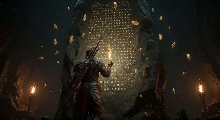 como mejorar glifos diablo 4, Personaje recogiendo fragmentos de glifo frente a un monolito runico