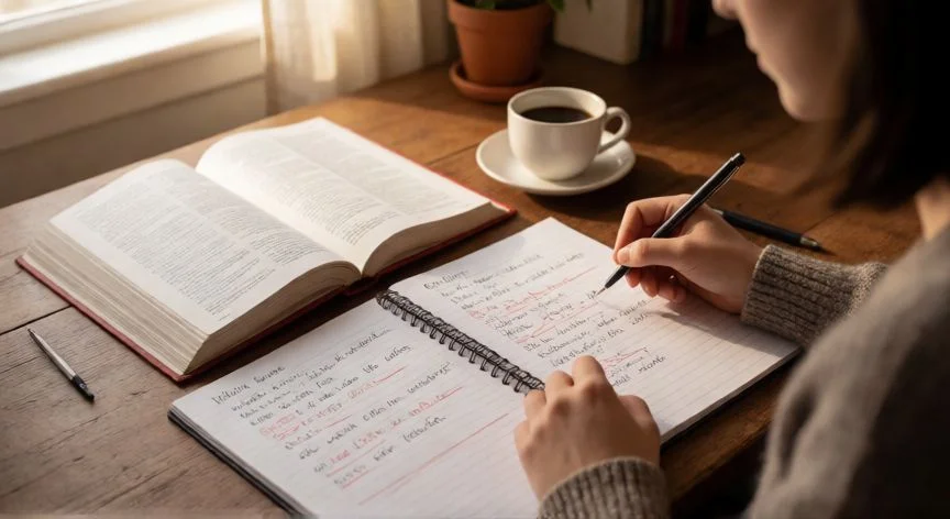 como mejorar gramatica en ingles, Persona estudiando gramática inglesa con libro y cuaderno de ejercicios
