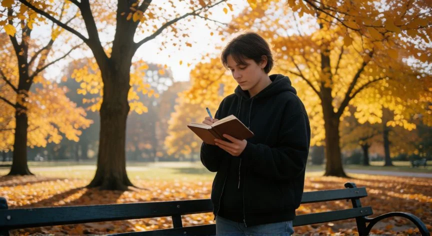 como mejorar habilidades sociales, Persona reflexionando y escribiendo en su diario en un parque otoñal