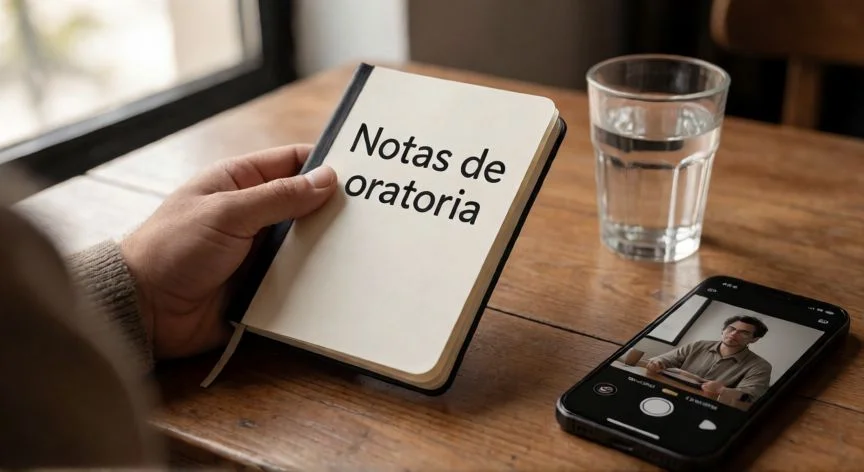 como mejorar hablar en publico, Cuaderno de notas de oratoria sobre una mesa durante la preparación