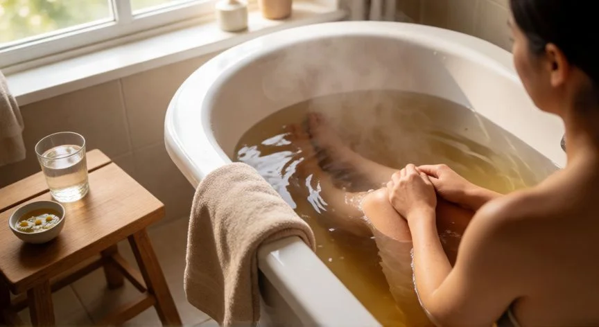 como mejorar hemorroides, Persona realizando un baño de asiento con agua tibia para aliviar hemorroides