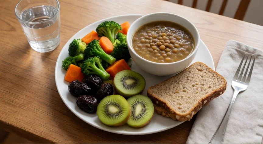 como mejorar hemorroides, Plato de comida saludable con fibra, frutas y verduras para prevenir hemorroides