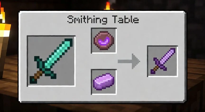 como mejorar herramientas a netherite, Interfaz de mesa de encaje mostrando la mejora de espada de diamante a Netherite