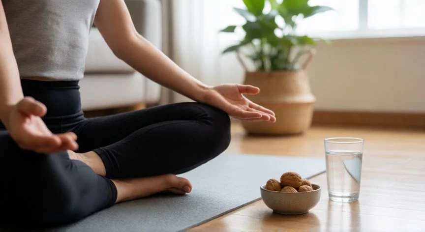 como mejorar hipotiroidismo, Persona practicando yoga suave para reducir el estrés asociado al hipotiroidismo