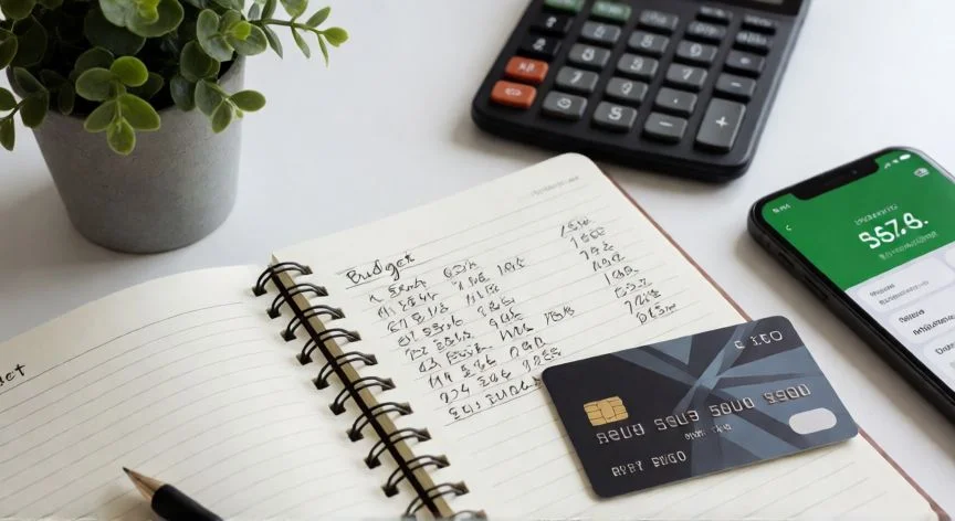 como mejorar historial crediticio, Vista cenital de planificación financiera personal con presupuesto y tarjeta de crédito