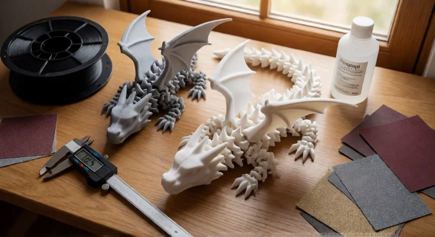 como mejorar impresion 3d, Mesa de trabajo de impresión 3D con piezas terminadas, filamento y lijas