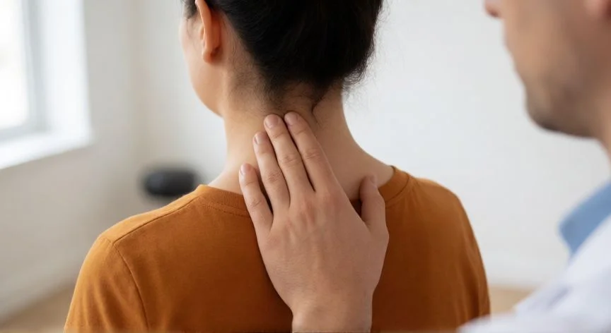 como mejorar joroba de bufalo, Fisioterapeuta realizando terapia manual en la zona cervical para tratar la joroba de búfalo