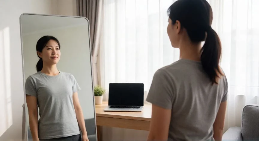 como mejorar joroba de bufalo, Mujer realizando ejercicio de retracción escapular en casa con ergonomía correcta