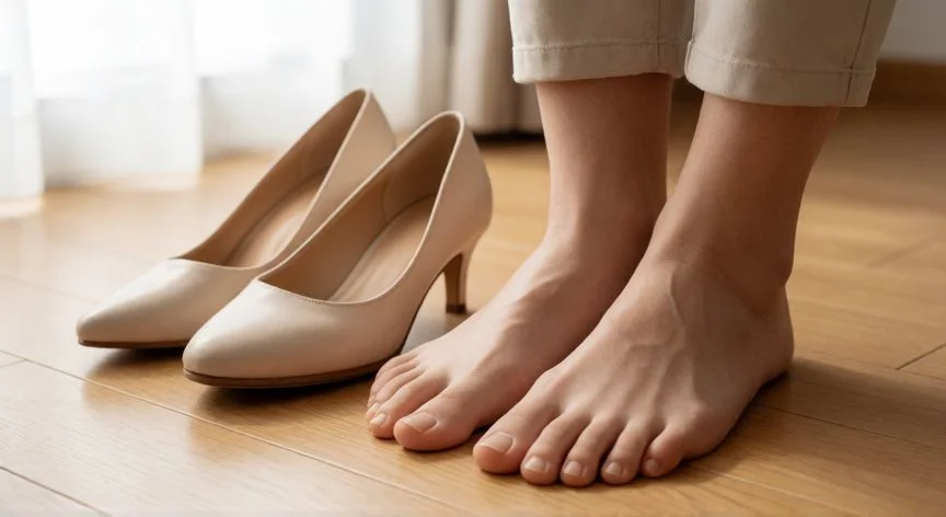 como mejorar juanetes en los pies, Pie con juanete y almohadilla de silicona junto a calzado comparativo