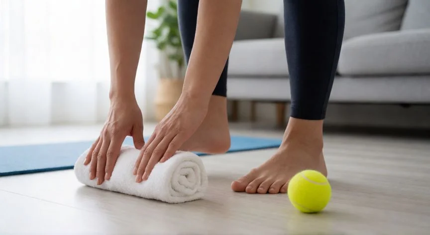 como mejorar juanetes en los pies, Ejercicio de agarre de toalla con los dedos del pie para fortalecer el arco plantar
