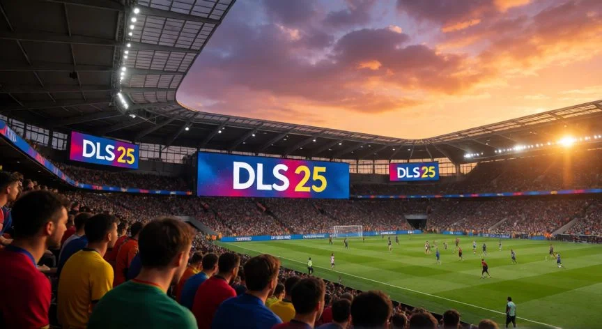 como mejorar jugadores en dls 25, Estadio moderno al atardecer representando el progreso de escuadra en DLS 25